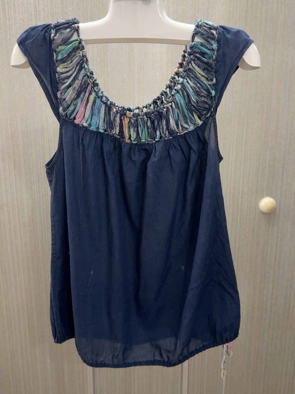 Lucky Brand Navy Blue Embroidered Boho Cotton Top Size S